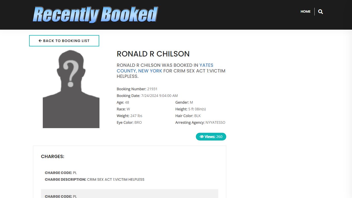 Recent Booking / Mugshot for RONALD R CHILSON in Yates County, New York